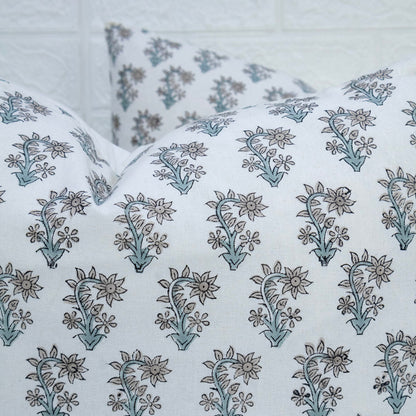 Hand Block Print White Floral Booti Cushion Cover – Handmade Cotton Decorative Pillow Cover