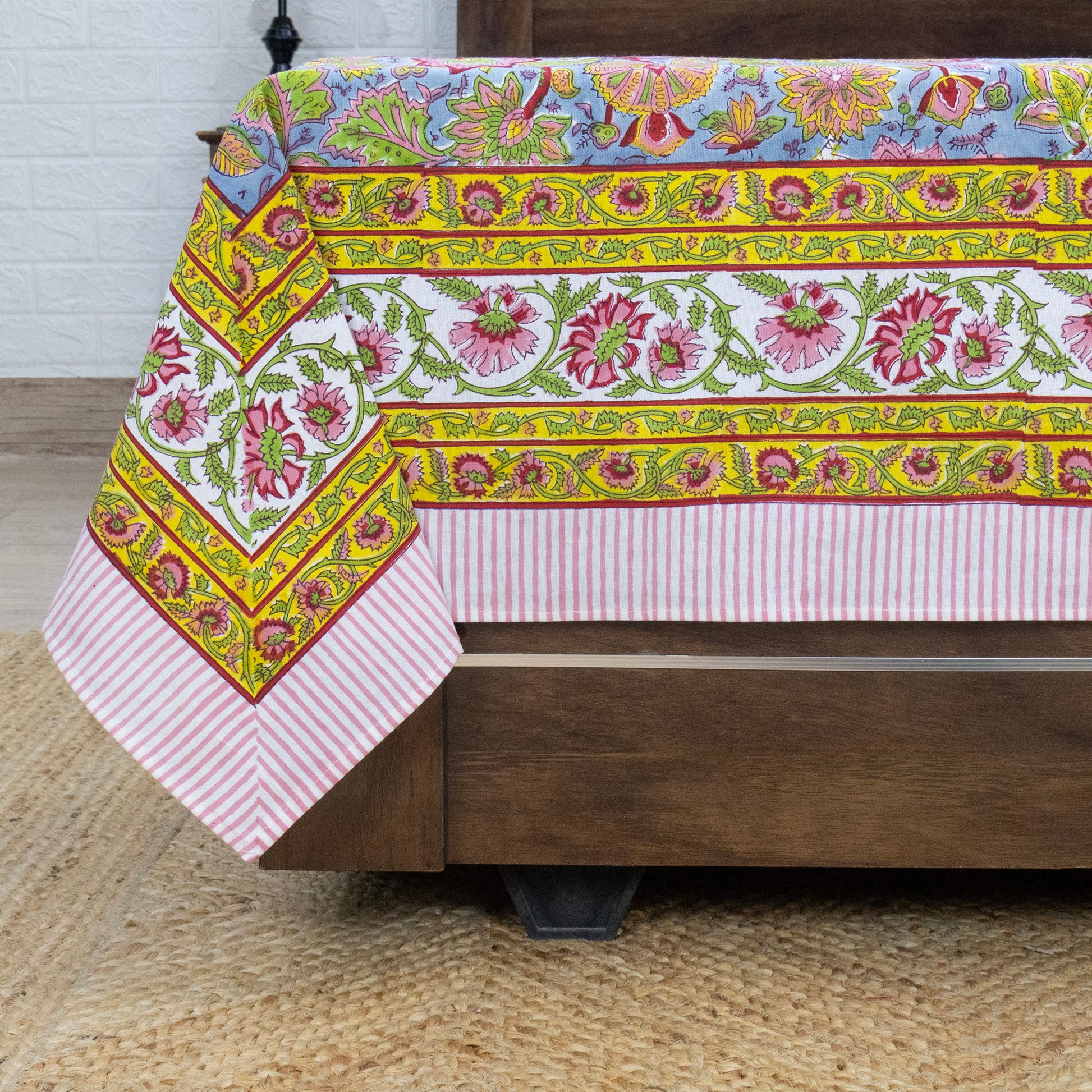 Indian Handmade Block Printed Yellow and Blue Floral Pattern Cotton Bed sheet For living Room, Kids Room - My Store