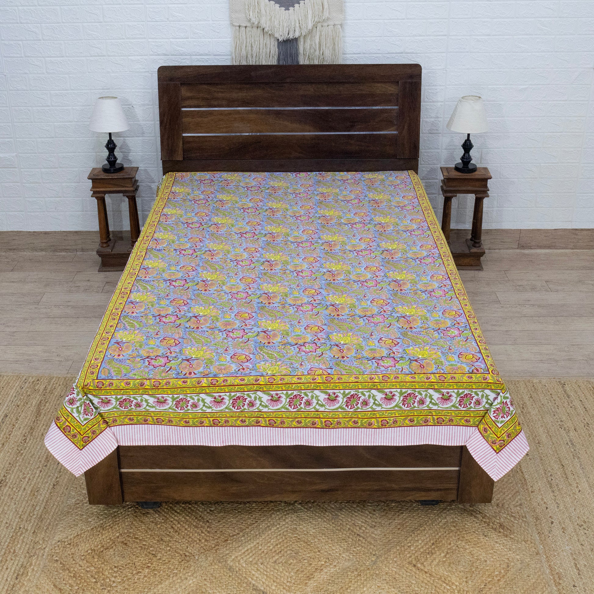 Indian Handmade Block Printed Yellow and Blue Floral Pattern Cotton Bed sheet For living Room, Kids Room - My Store