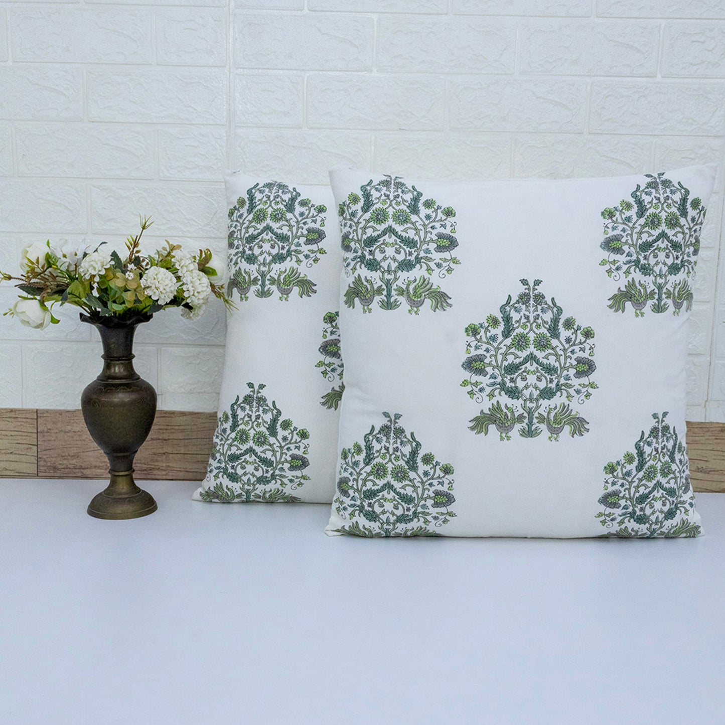Hand Block Printed Floral Cushion Cover – Green Grey Cotton Decorative Pillow Cover