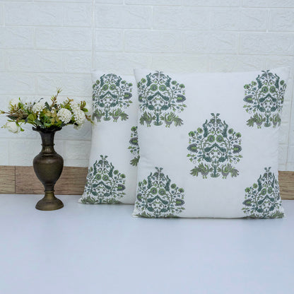 Hand Block Printed Floral Cushion Cover – Green Grey Cotton Decorative Pillow Cover