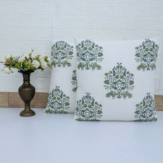 Hand Block Printed Floral Cushion Cover – Green Grey Cotton Decorative Pillow Cover