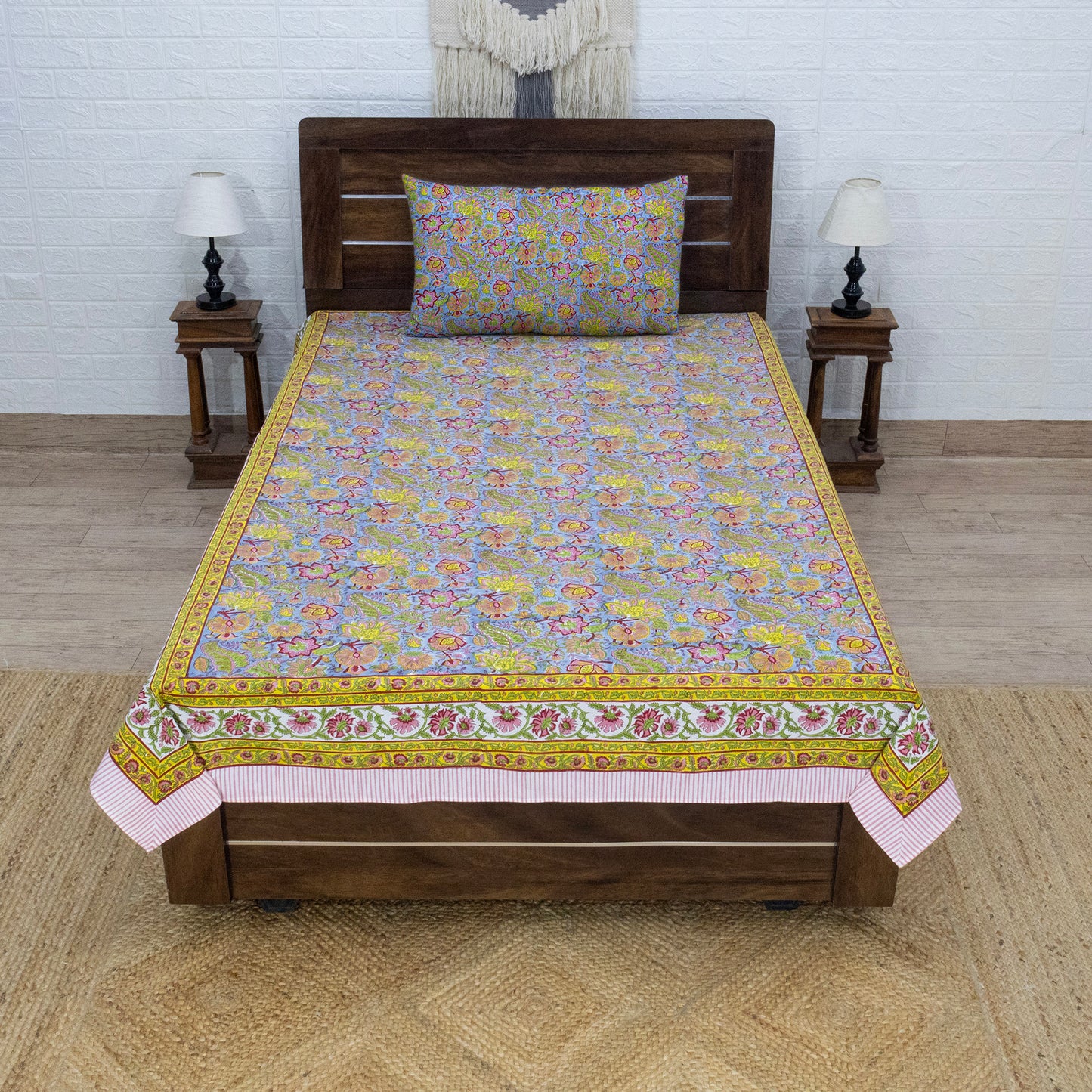Indian Handmade Block Printed Yellow and Blue Floral Pattern Cotton Bed sheet For living Room, Kids Room - My Store