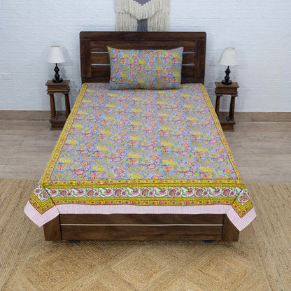 Indian Handmade Block Printed Yellow and Blue Floral Pattern Cotton Bed sheet For living Room, Kids Room - My Store