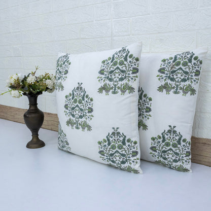 Hand Block Printed Floral Cushion Cover – Green Grey Cotton Decorative Pillow Cover