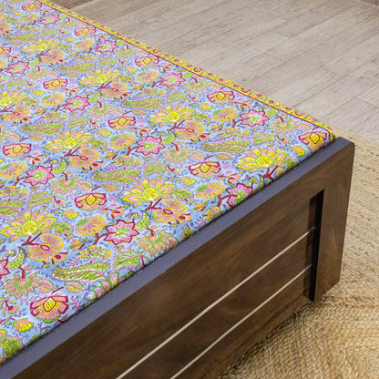 Indian Handmade Block Printed Yellow and Blue Floral Pattern Cotton Bed sheet For living Room, Kids Room - My Store