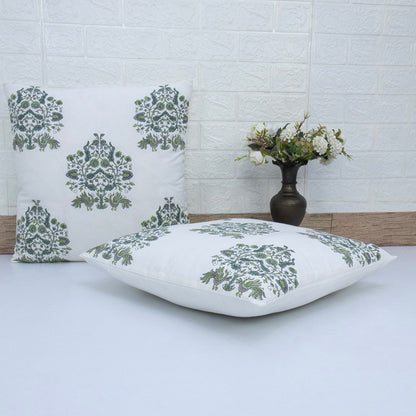 Hand Block Printed Floral Cushion Cover – Green Grey Cotton Decorative Pillow Cover