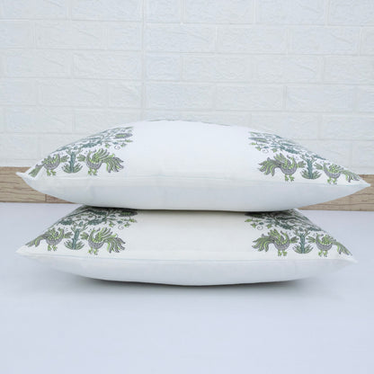 Hand Block Printed Floral Cushion Cover – Green Grey Cotton Decorative Pillow Cover