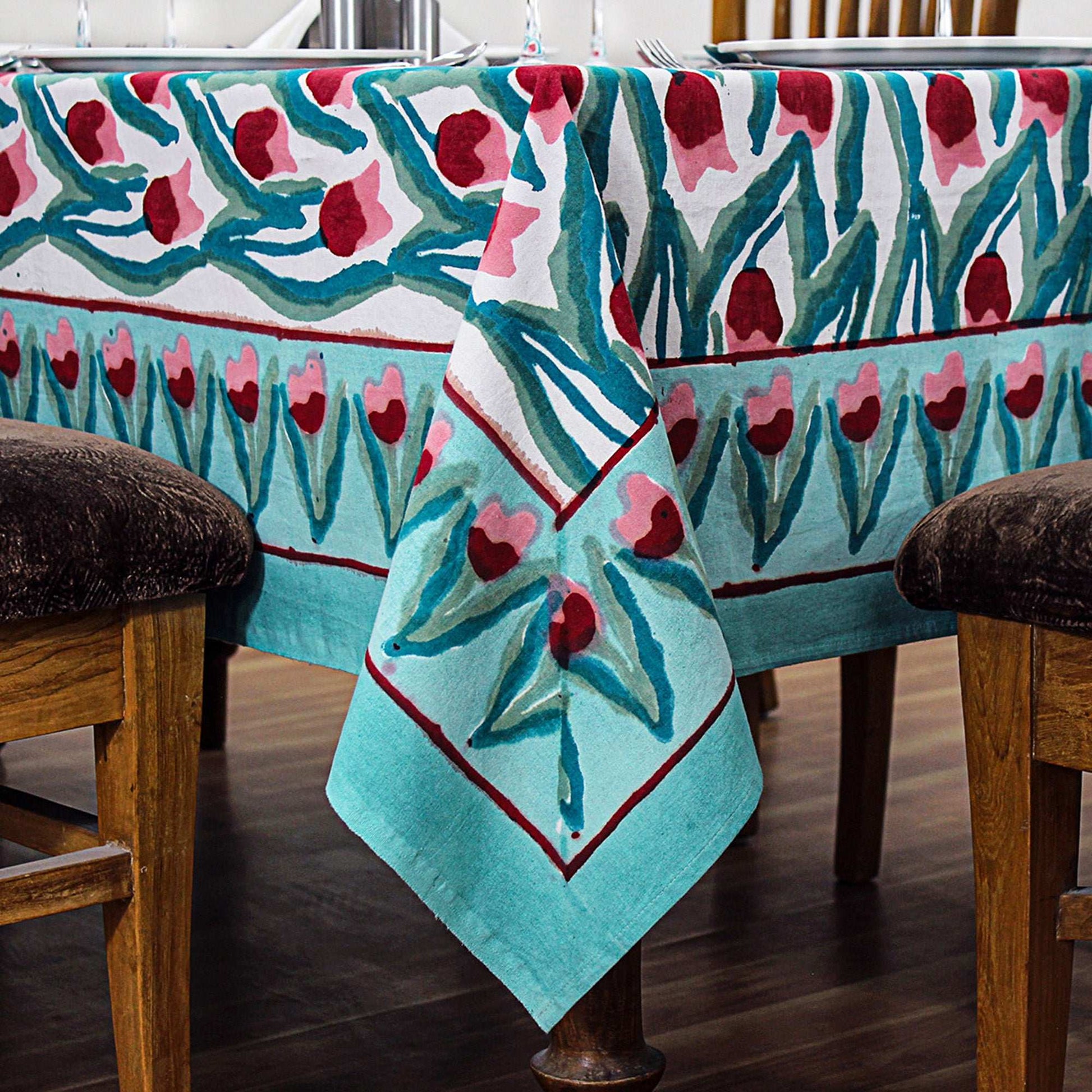 Handmade Green and Red Floral Block Printed Tablecloth - My Store