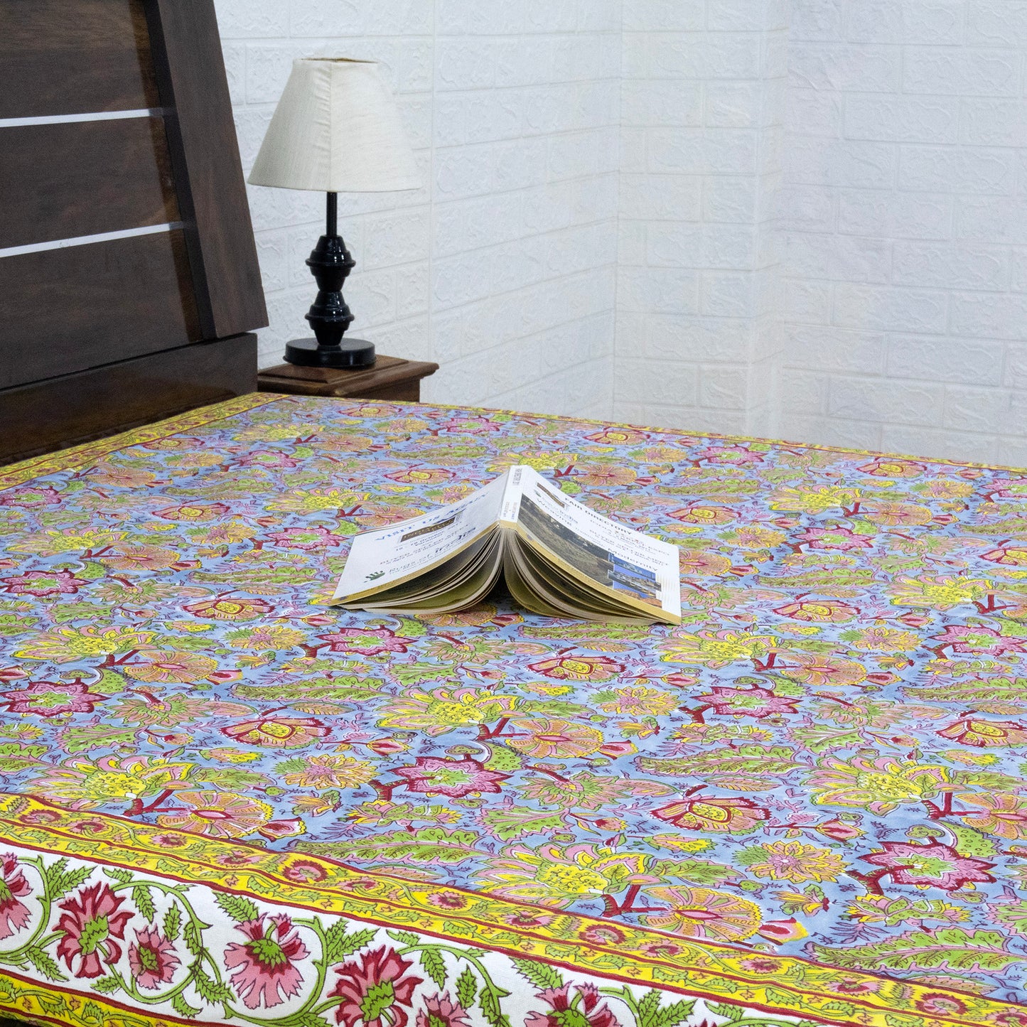 Indian Handmade Block Printed Yellow and Blue Floral Pattern Cotton Bed sheet For living Room, Kids Room - My Store