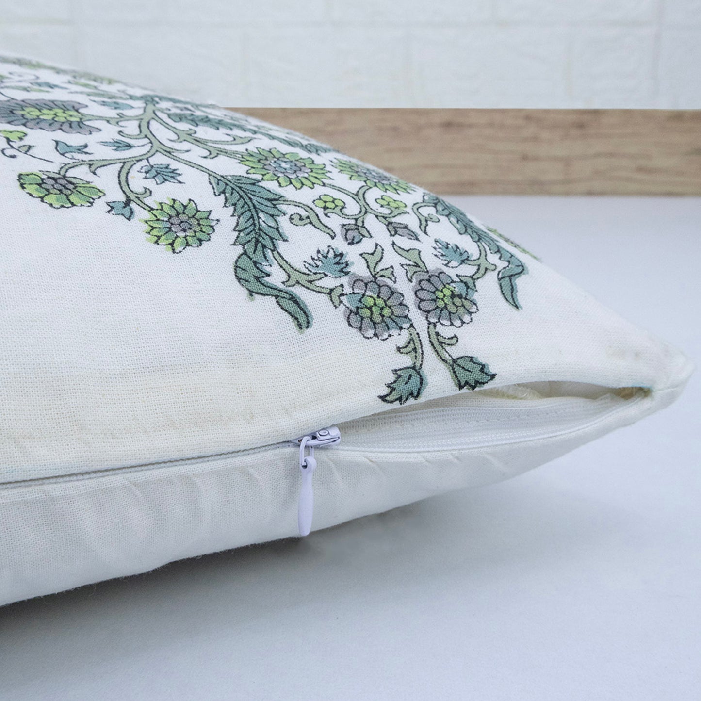 Hand Block Printed Floral Cushion Cover – Green Grey Cotton Decorative Pillow Cover