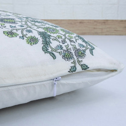 Hand Block Printed Floral Cushion Cover – Green Grey Cotton Decorative Pillow Cover