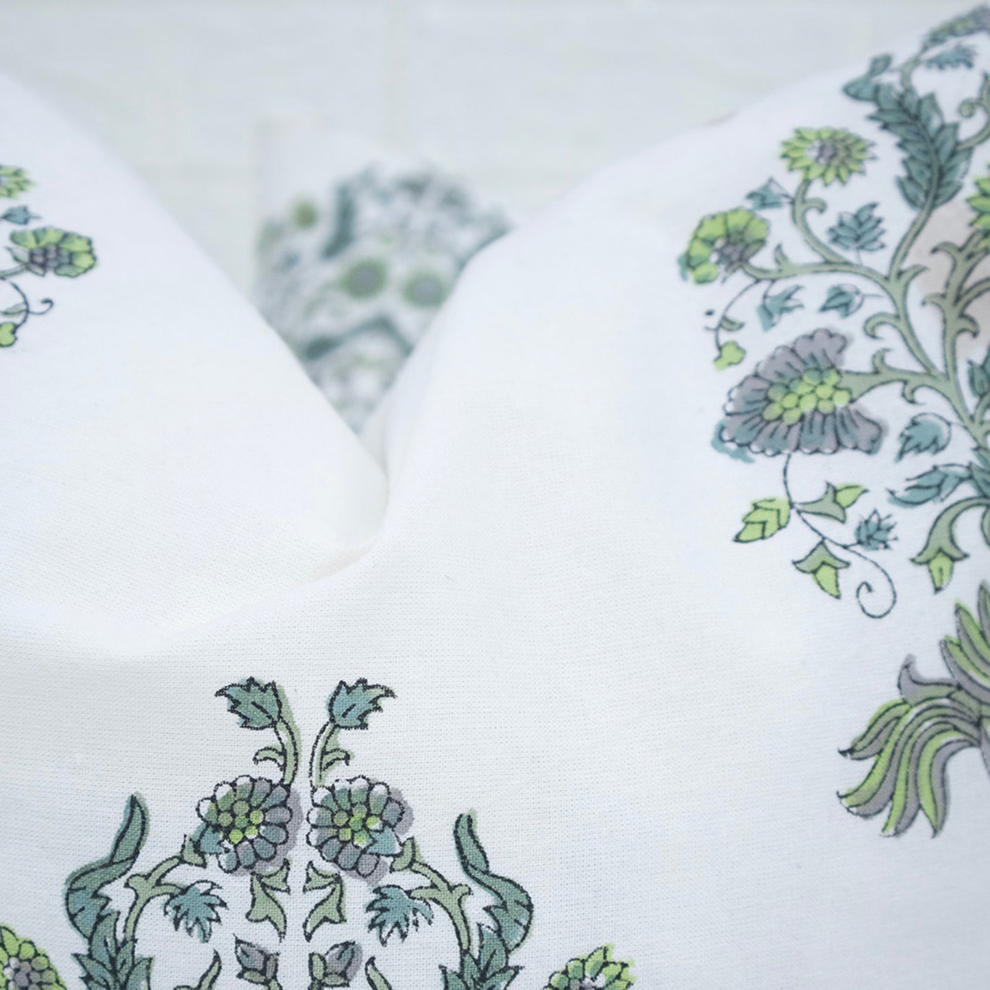 Hand Block Printed Floral Cushion Cover – Green Grey Cotton Decorative Pillow Cover