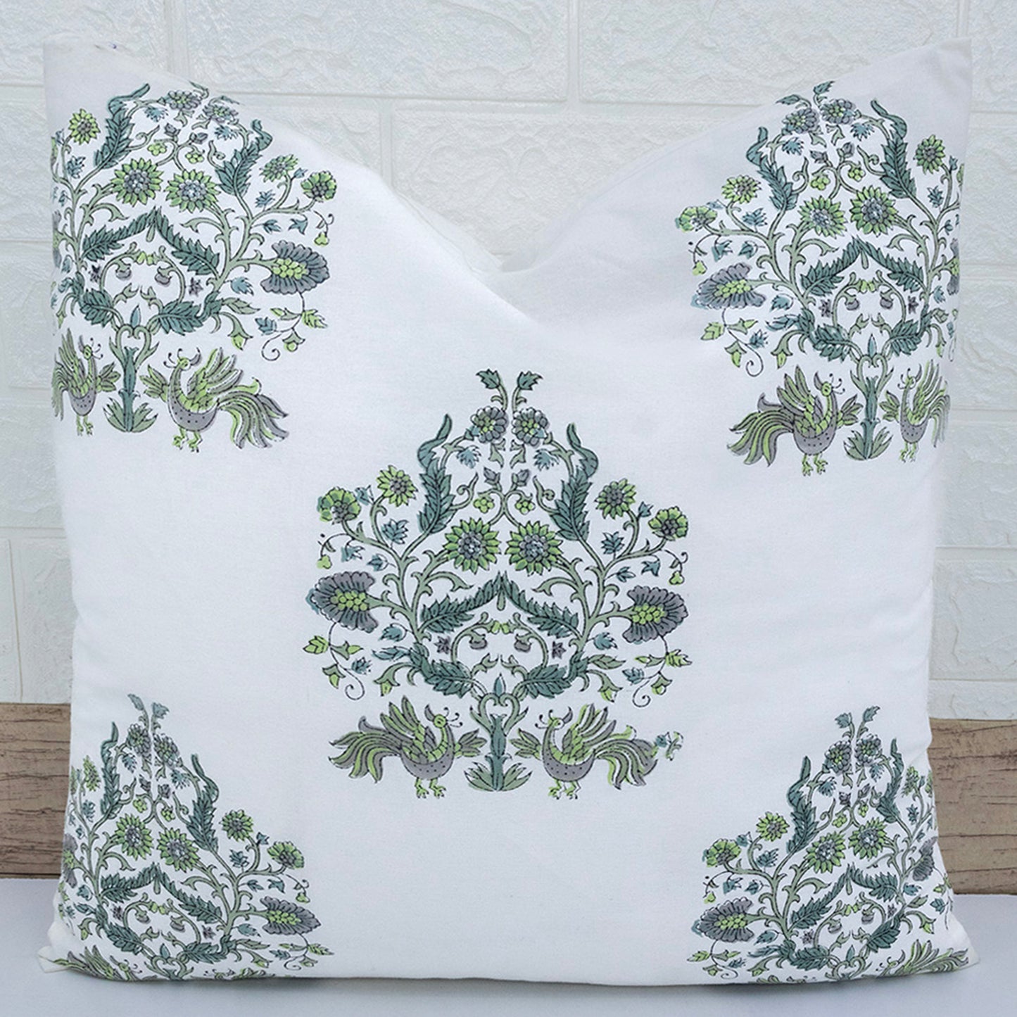 Hand Block Printed Floral Cushion Cover – Green Grey Cotton Decorative Pillow Cover