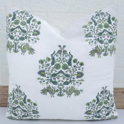 Hand Block Printed Floral Cushion Cover – Green Grey Cotton Decorative Pillow Cover