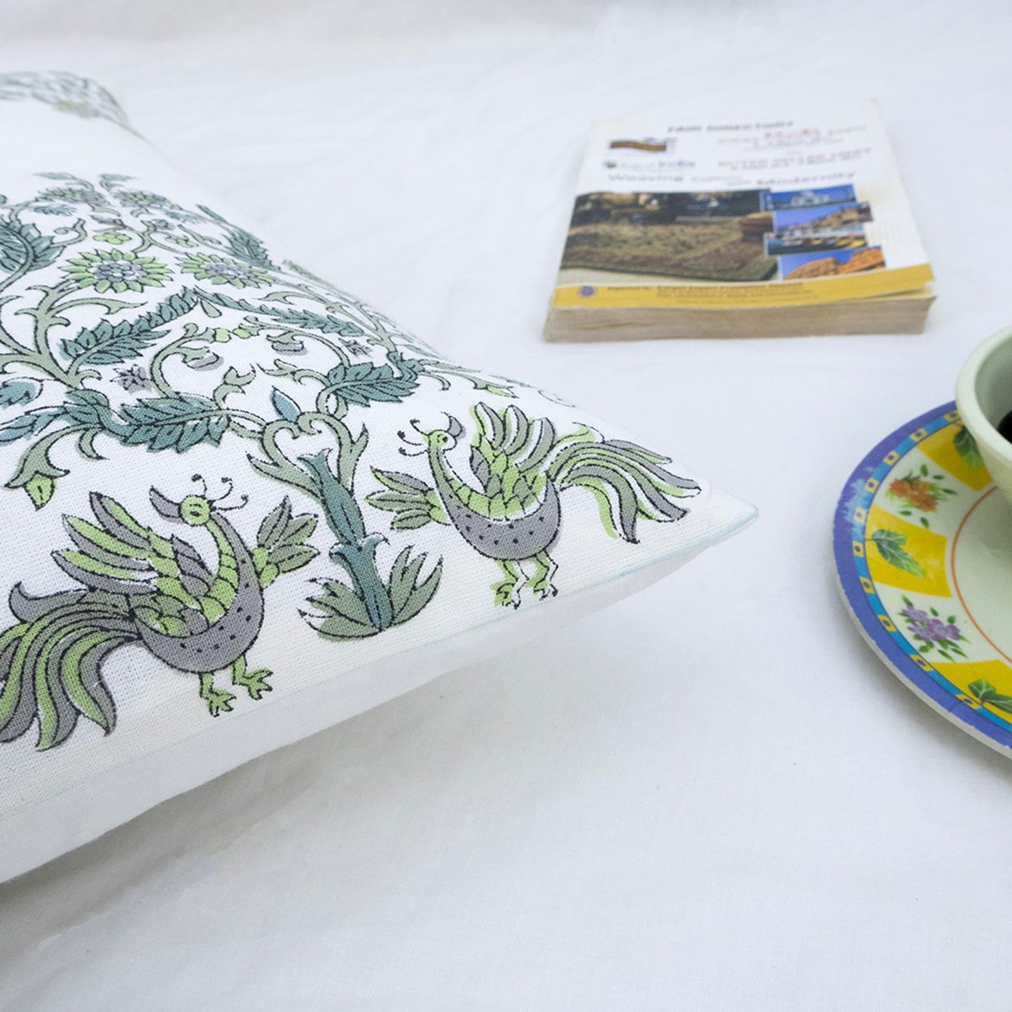 Hand Block Printed Floral Cushion Cover – Green Grey Cotton Decorative Pillow Cover