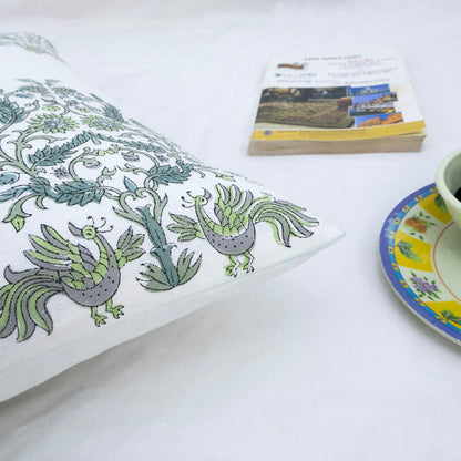 Hand Block Printed Floral Cushion Cover – Green Grey Cotton Decorative Pillow Cover