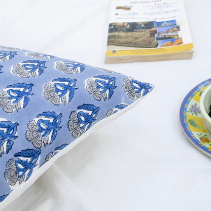 Blue Floral Buta Block Print Cushion Cover | Cotton Throw Pillow Cover