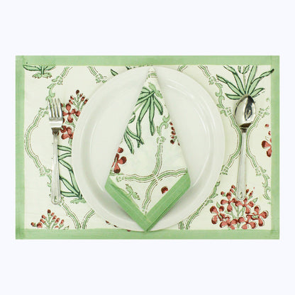 Green and White Hand Block Printed Cotton Napkins Set Of 4 - My Store