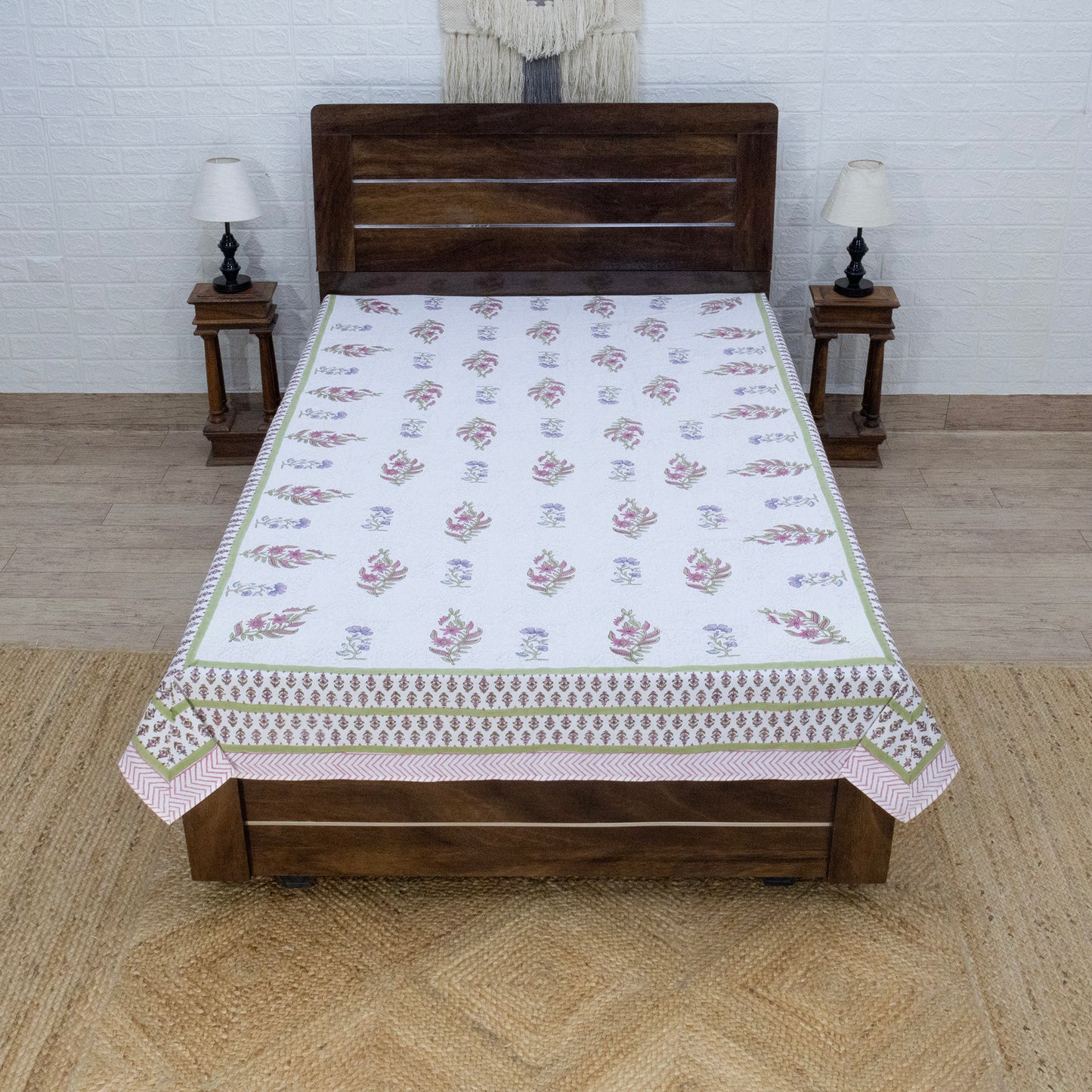 Cotton Bedsheet – Hand Block Floral Print – White and Pink – King, Queen, Twin Sizes - My Store