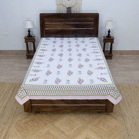 Cotton Bedsheet – Hand Block Floral Print – White and Pink – King, Queen, Twin Sizes - My Store