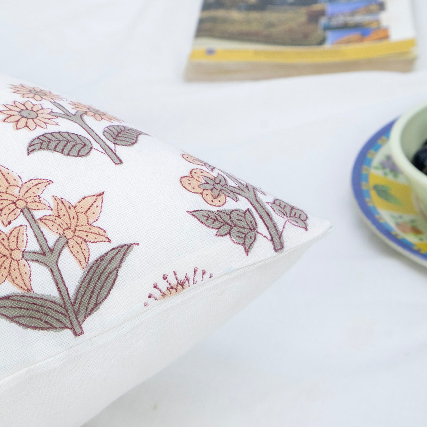Hand Block Printed White Floral Cushion Cover | Cotton Decorative Pillow