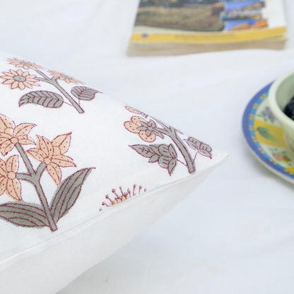 Hand Block Printed White Floral Cushion Cover | Cotton Decorative Pillow