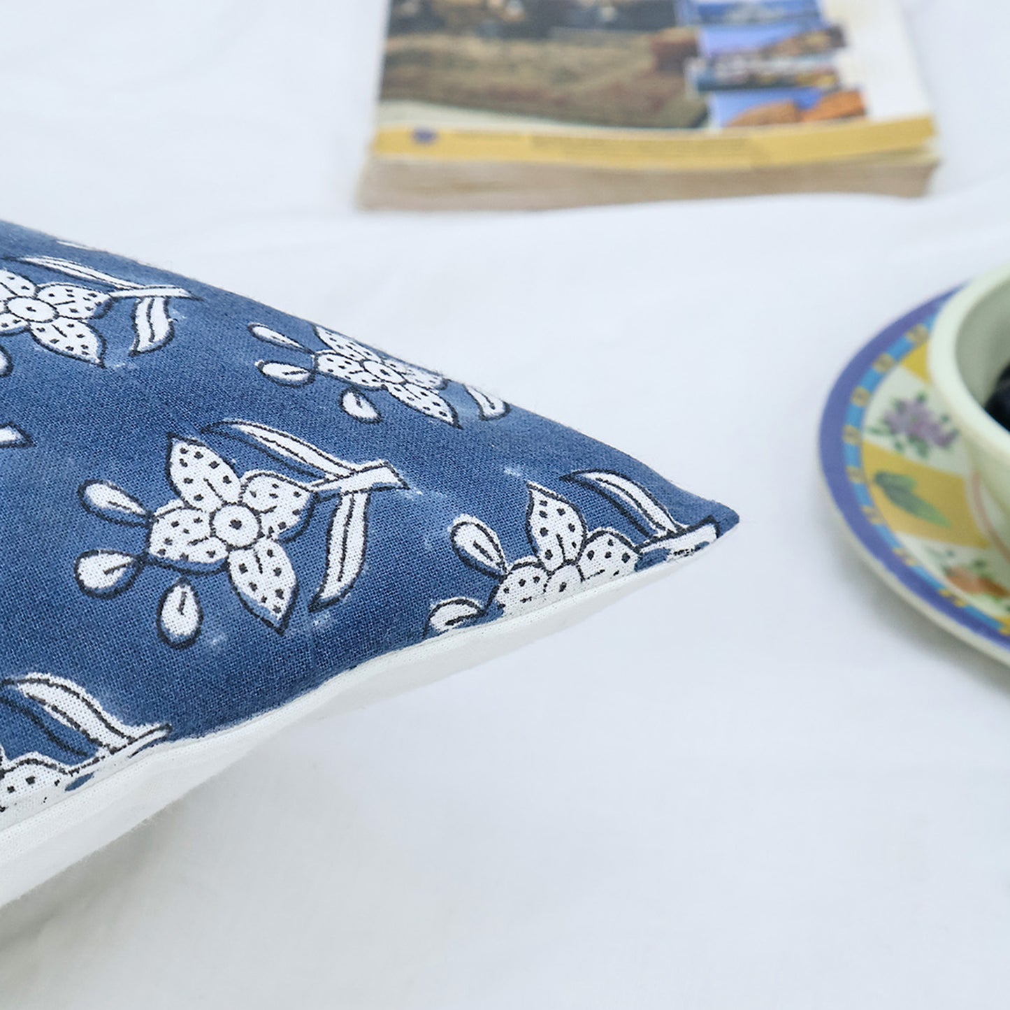 Hand Block Printed Indigo Floral Cushion Cover | Cotton Decorative Pillow