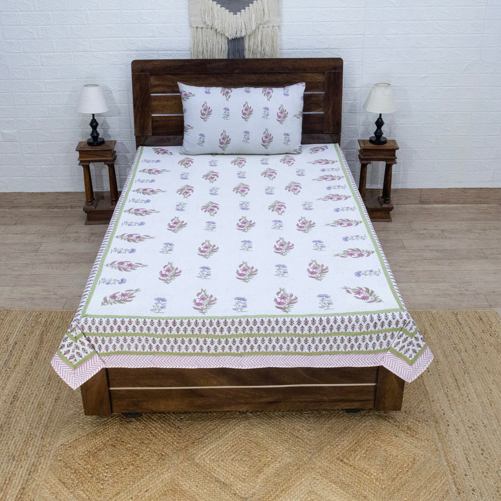 Cotton Bedsheet – Hand Block Floral Print – White and Pink – King, Queen, Twin Sizes - My Store
