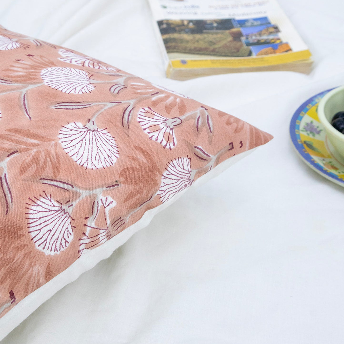 Soft Peach Floral Block Printed Cushion Cover | Cotton Home Decor Pillow