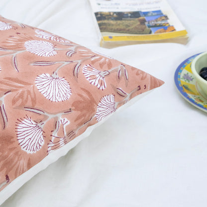 Soft Peach Floral Block Printed Cushion Cover | Cotton Home Decor Pillow