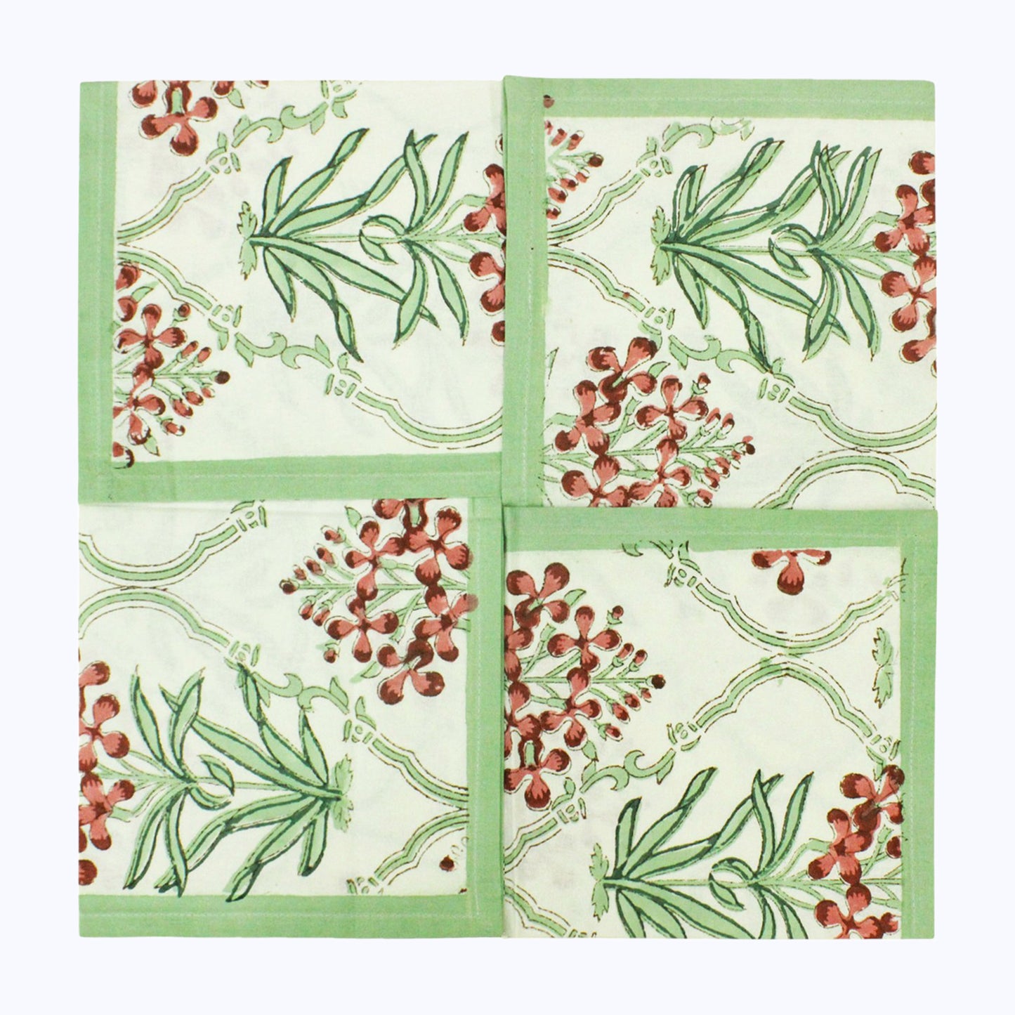 Green and White Hand Block Printed Cotton Napkins Set Of 4 - My Store