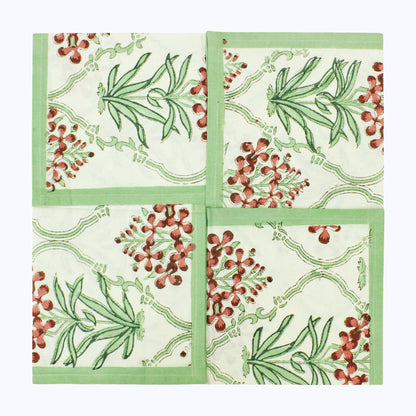 Green and White Hand Block Printed Cotton Napkins Set Of 4 - My Store