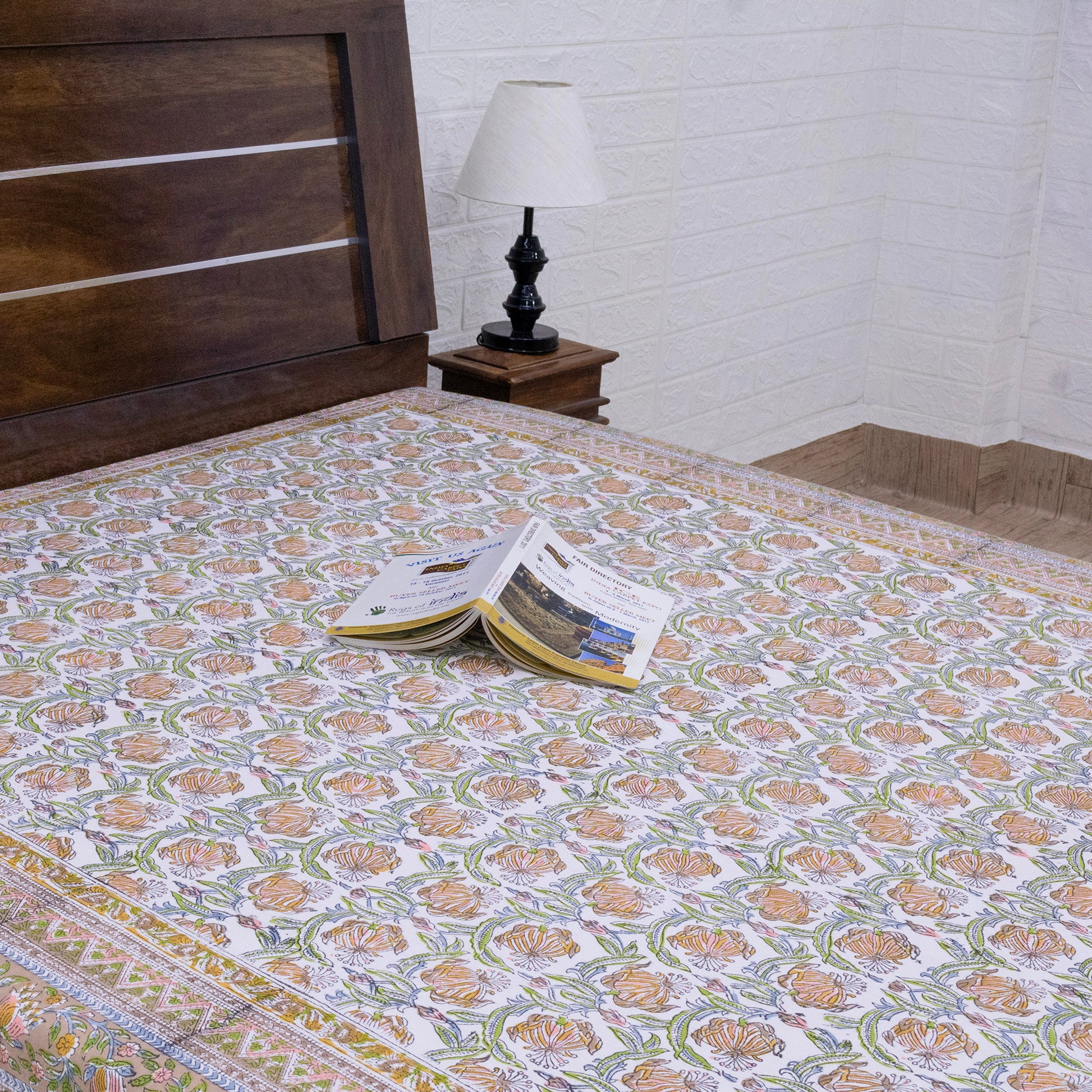 Indian Handmade Block Printed Brown and Orange Floral Pattern Cotton Bed sheet For living Room, Kids Room - My Store