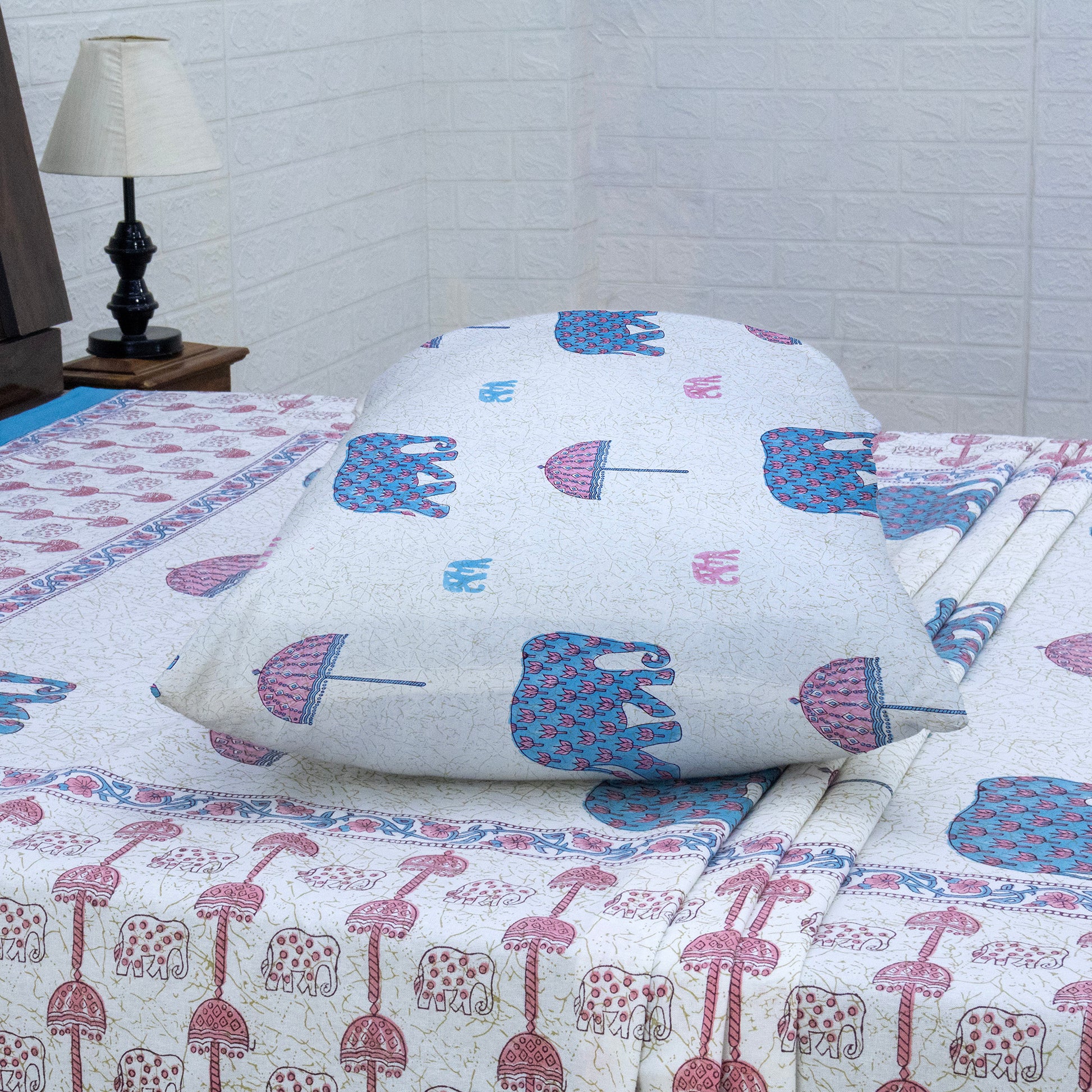 Indian Handmade Block Printed White and Pink Floral Pattern Cotton Bed sheet For living Room, Kids Room - My Store