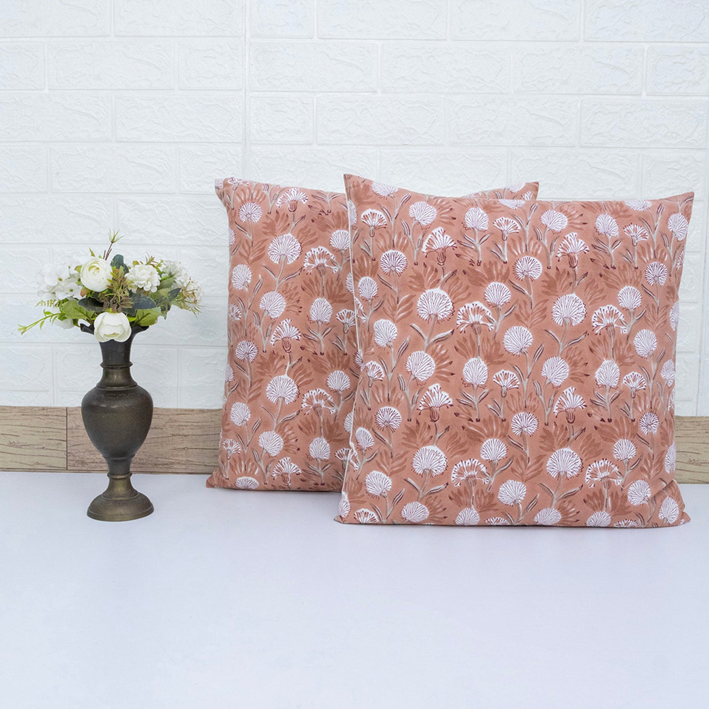 Soft Peach Floral Block Printed Cushion Cover | Cotton Home Decor Pillow