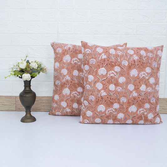 Soft Peach Floral Block Printed Cushion Cover | Cotton Home Decor Pillow