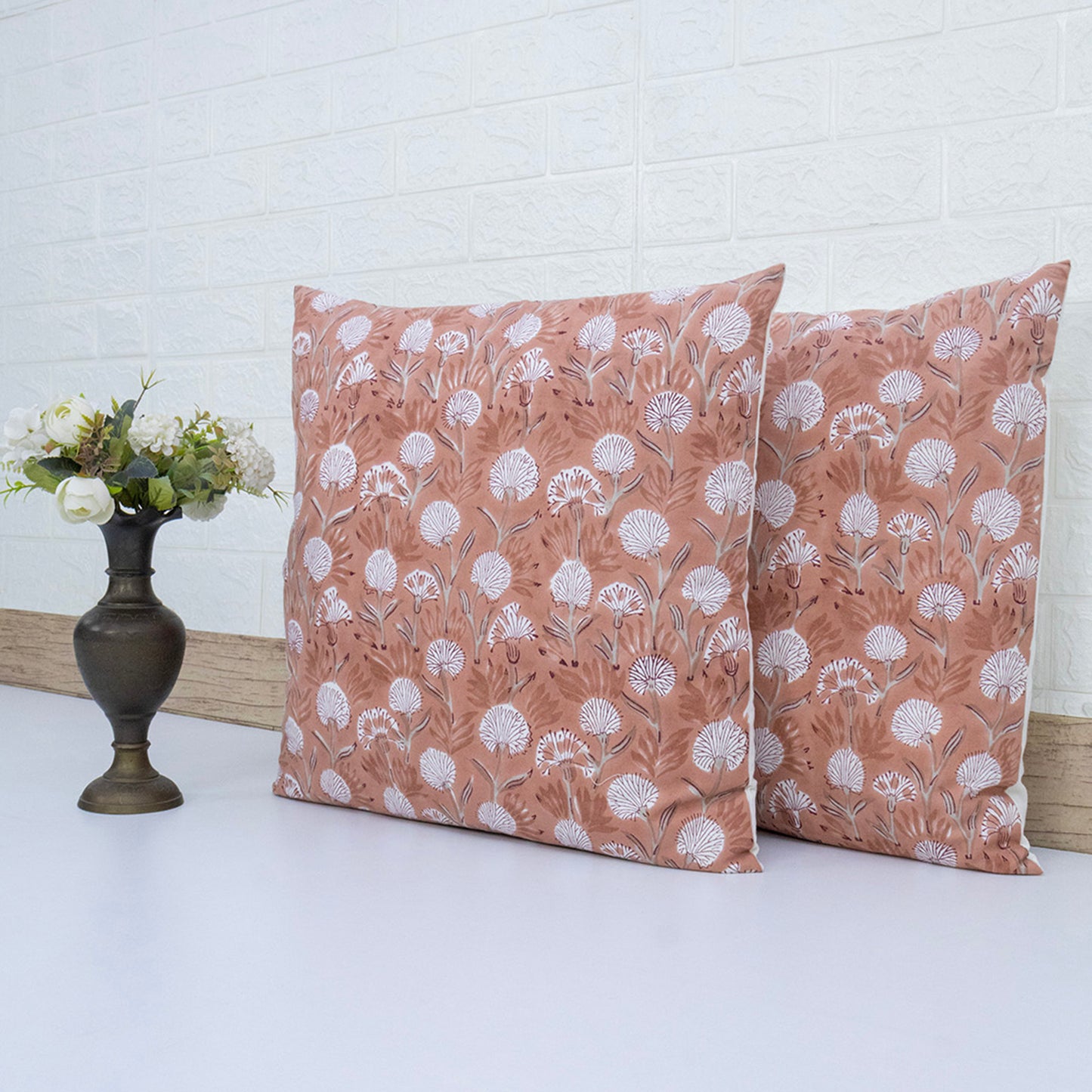 Soft Peach Floral Block Printed Cushion Cover | Cotton Home Decor Pillow