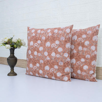 Soft Peach Floral Block Printed Cushion Cover | Cotton Home Decor Pillow