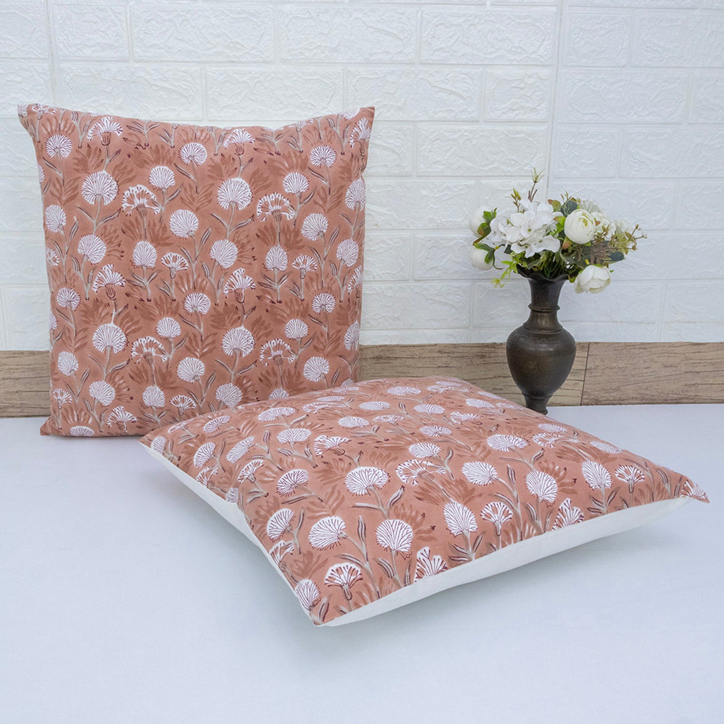 Soft Peach Floral Block Printed Cushion Cover | Cotton Home Decor Pillow