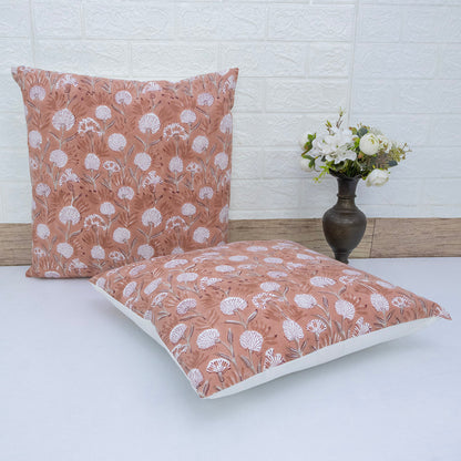 Soft Peach Floral Block Printed Cushion Cover | Cotton Home Decor Pillow