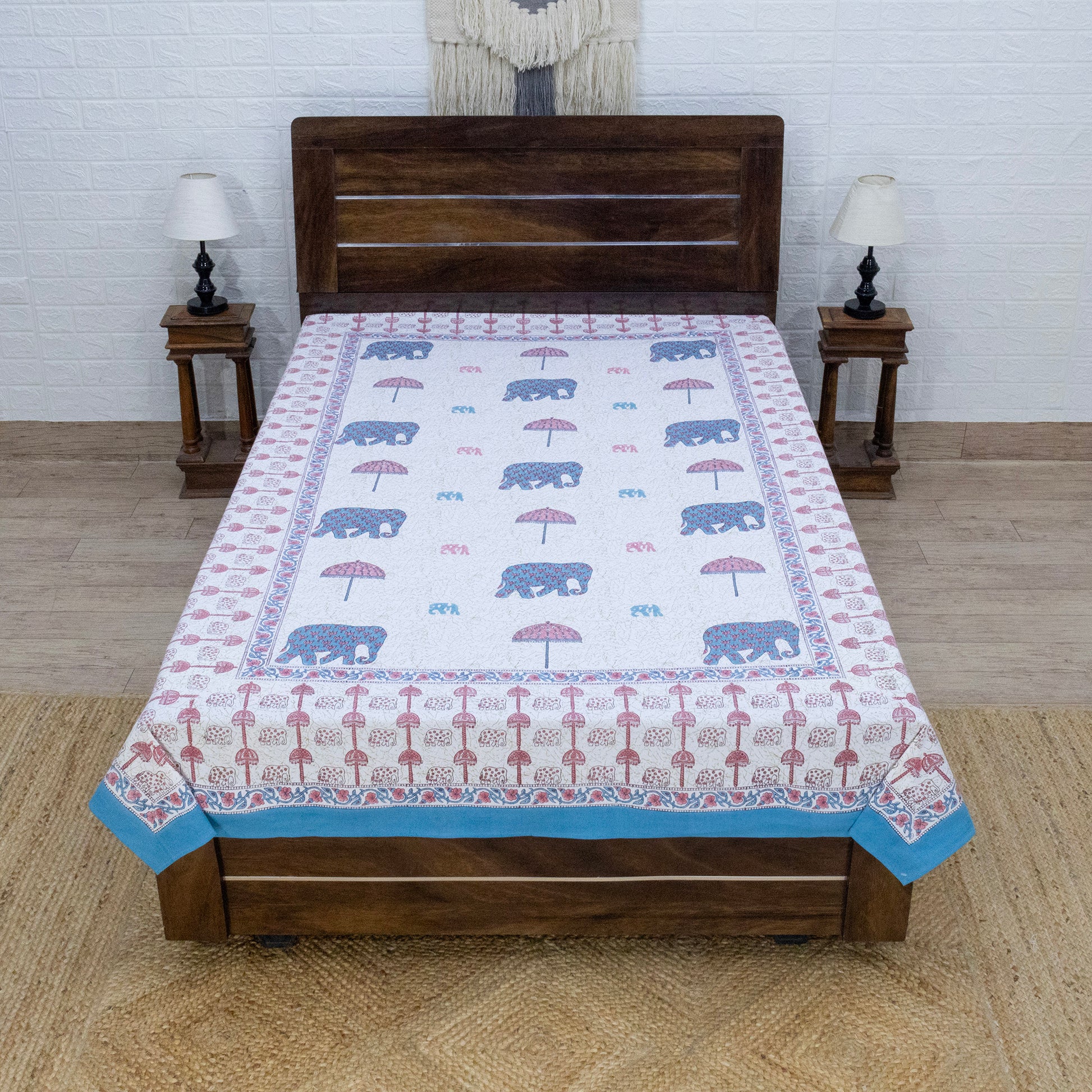 Indian Handmade Block Printed White and Pink Floral Pattern Cotton Bed sheet For living Room, Kids Room - My Store