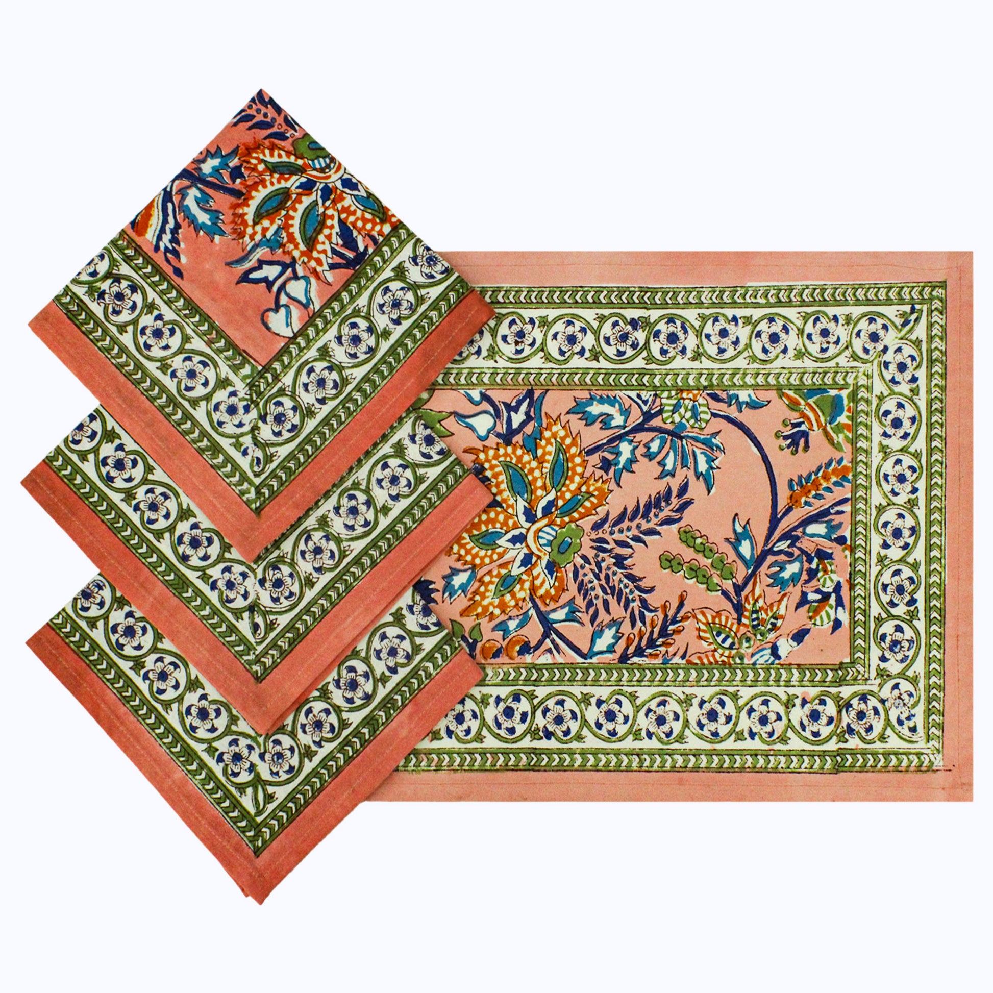 Orange and Green Block Printed Set Of 4 Napkins - My Store