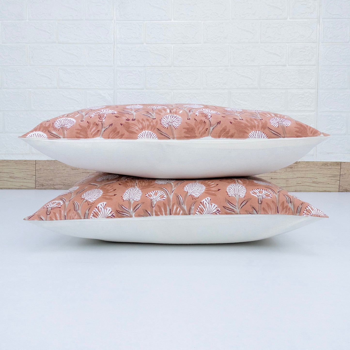 Soft Peach Floral Block Printed Cushion Cover | Cotton Home Decor Pillow