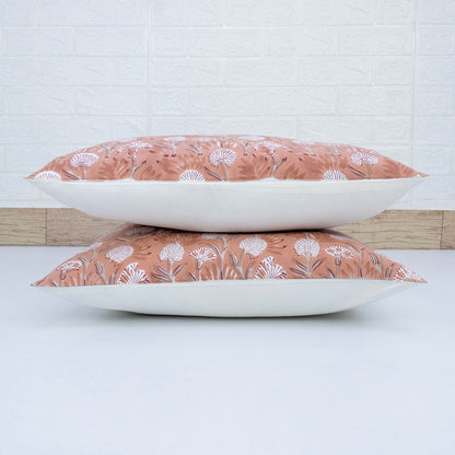 Soft Peach Floral Block Printed Cushion Cover | Cotton Home Decor Pillow