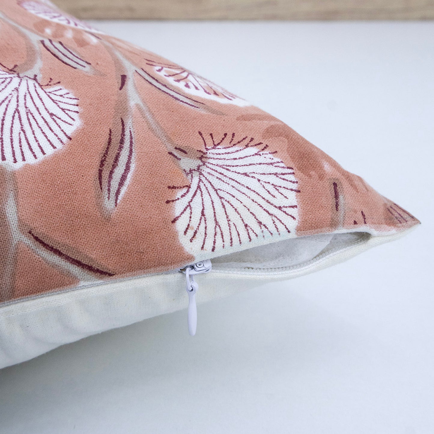 Soft Peach Floral Block Printed Cushion Cover | Cotton Home Decor Pillow