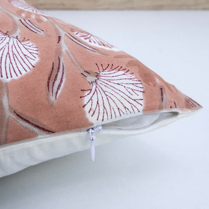 Soft Peach Floral Block Printed Cushion Cover | Cotton Home Decor Pillow