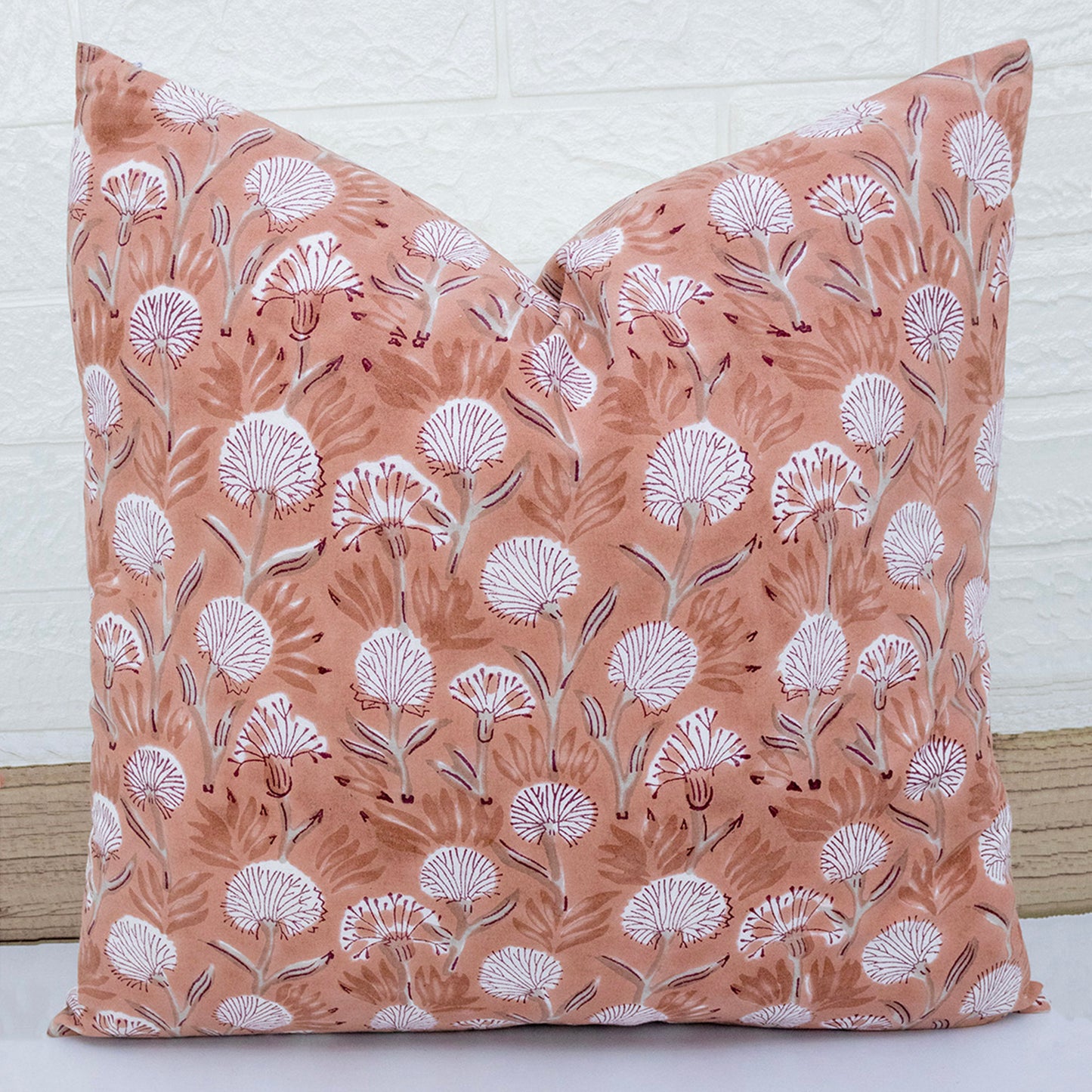 Soft Peach Floral Block Printed Cushion Cover | Cotton Home Decor Pillow
