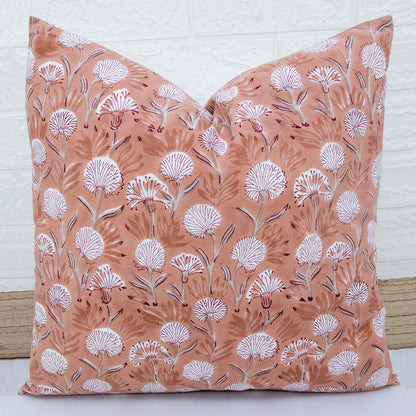 Soft Peach Floral Block Printed Cushion Cover | Cotton Home Decor Pillow