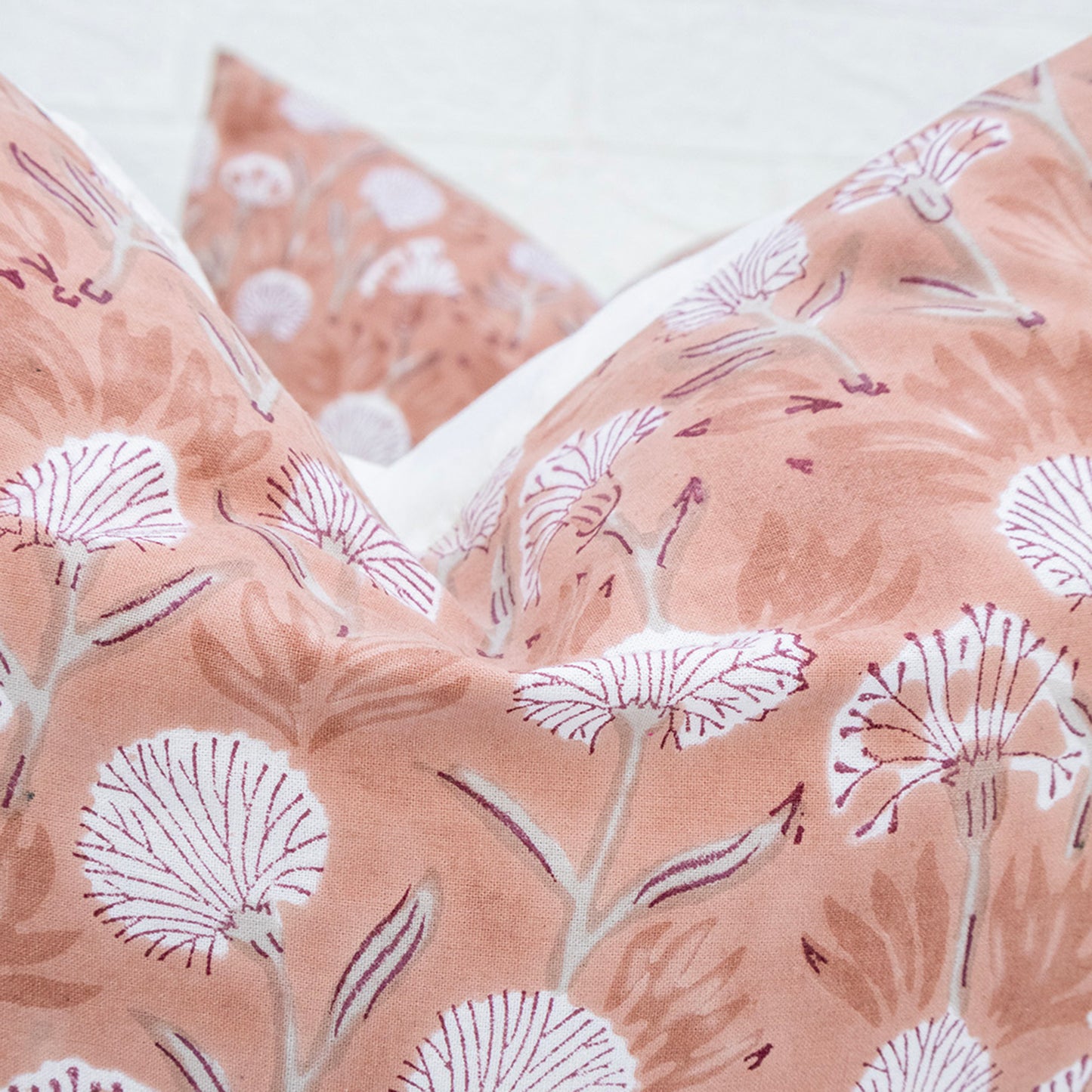Soft Peach Floral Block Printed Cushion Cover | Cotton Home Decor Pillow